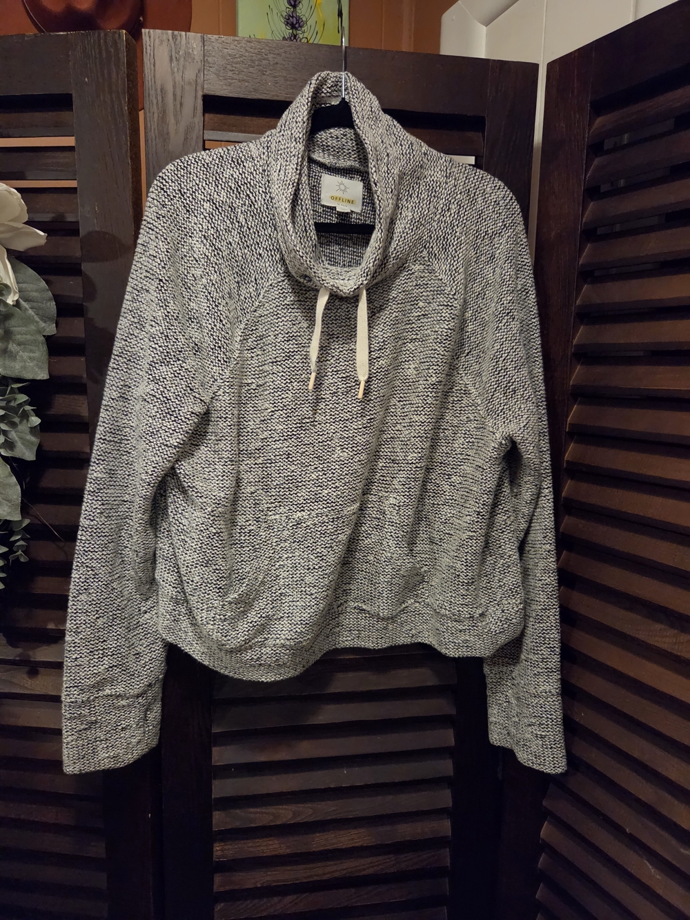 Marled Gray Cowl Neck Drawstring Sweater